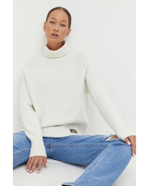 Superdry sweter z domieszką wełny damski kolor biały z golfem