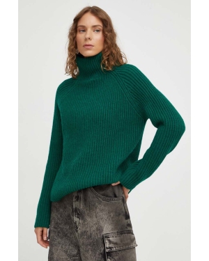 Drykorn sweter wełniany damski kolor zielony ciepły z golfem