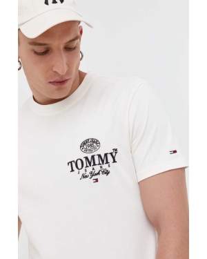 Tommy Jeans t-shirt bawełniany kolor beżowy z aplikacją