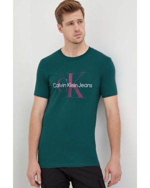Calvin Klein Jeans t-shirt bawełniany kolor turkusowy z nadrukiem