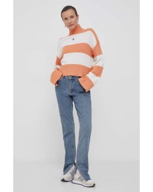 Calvin Klein Jeans sweter bawełniany kolor beżowy ciepły z golfem
