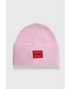 HUGO czapka wełniana kolor różowy z grubej dzianiny wełniana