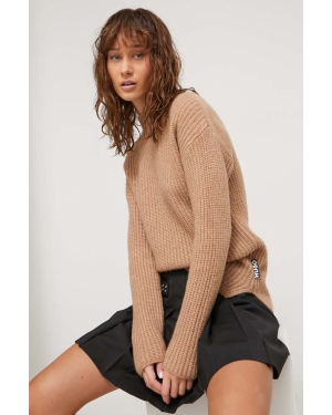 HUGO sweter wełniany damski kolor brązowy z półgolfem