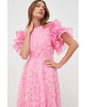 Custommade sukienka z domieszką jedwabiu kolor różowy midi rozkloszowana