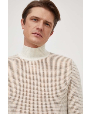 BOSS sweter z domieszką wełny męski kolor beżowy lekki z golferm