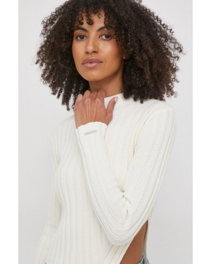 Calvin Klein sweter z domieszką wełny damski kolor beżowy lekki z półgolfem