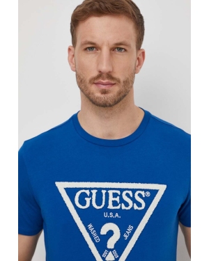 Guess t-shirt bawełniany męski kolor niebieski z aplikacją
