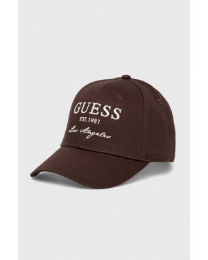 Guess czapka z daszkiem bawełniana kolor brązowy z aplikacją