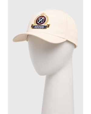 Guess czapka z daszkiem bawełniana kolor beżowy z aplikacją