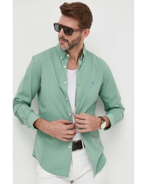 Polo Ralph Lauren koszula bawełniana męska kolor zielony slim z kołnierzykiem button-down