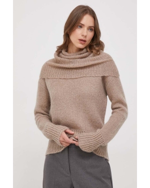 Sisley sweter z domieszką wełny damski kolor beżowy z golfem