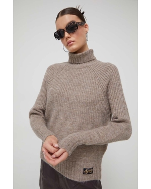 Superdry sweter z domieszką wełny damski kolor beżowy z golfem