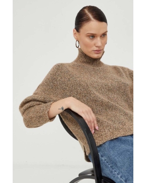 Drykorn sweter z domieszką wełny damski kolor brązowy z półgolfem