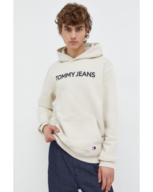 Tommy Jeans bluza bawełniana męska kolor beżowy z kapturem z nadrukiem