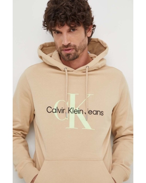 Calvin Klein Jeans bluza bawełniana męska kolor beżowy z kapturem z nadrukiem