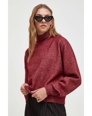 HUGO sweter wełniany damski kolor bordowy lekki z golfem