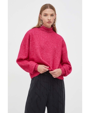 HUGO sweter wełniany damski kolor różowy lekki z golfem