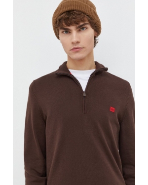 HUGO sweter bawełniany kolor brązowy lekki z półgolfem