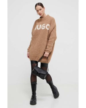 HUGO sweter wełniany damski kolor brązowy ciepły