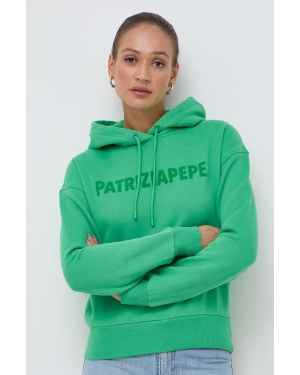 Patrizia Pepe bluza bawełniana damska kolor zielony z kapturem z nadrukiem