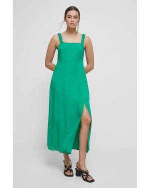 Medicine sukienka z domieszką lnu kolor zielony maxi rozkloszowana