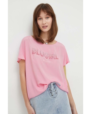 Blugirl Blumarine bluzka z domieszką jedwabiu kolor różowy z aplikacją