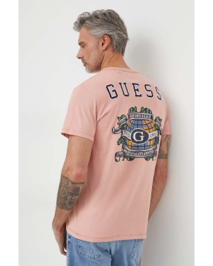 Guess t-shirt bawełniany męski kolor różowy z aplikacją