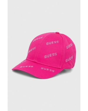 Guess czapka z daszkiem bawełniana kolor fioletowy z aplikacją
