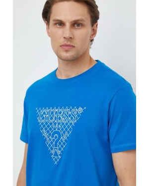 Guess t-shirt bawełniany męski kolor niebieski z aplikacją