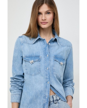 Guess koszula jeansowa damska kolor niebieski regular z kołnierzykiem klasycznym