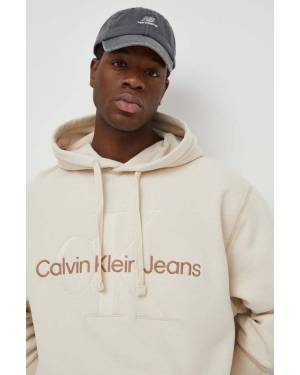 Calvin Klein Jeans bluza bawełniana męska kolor beżowy z kapturem z aplikacją