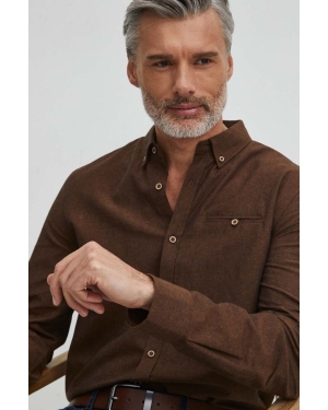 Medicine koszula lniana męska kolor brązowy regular z kołnierzykiem button-down