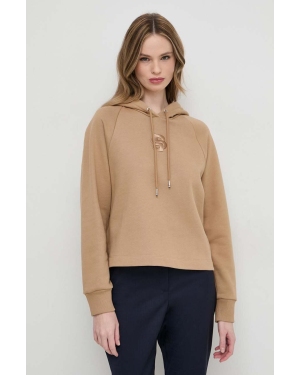 BOSS bluza bawełniana damska kolor beżowy z kapturem z aplikacją