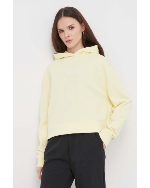 Calvin Klein bluza bawełniana damska kolor żółty z kapturem z nadrukiem