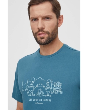 Columbia t-shirt bawełniany Explorers Canyon męski kolor turkusowy wzorzysty 2036441