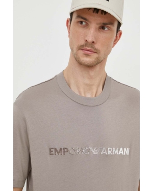 Emporio Armani t-shirt bawełniany męski kolor beżowy z aplikacją