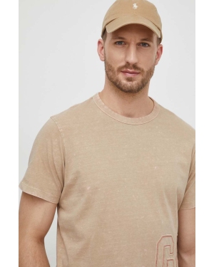 Guess t-shirt bawełniany męski kolor beżowy z aplikacją