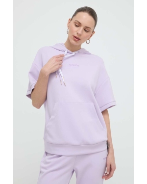 Armani Exchange bluza damska kolor fioletowy z kapturem z nadrukiem