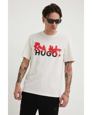 HUGO t-shirt bawełniany męski kolor beżowy z nadrukiem