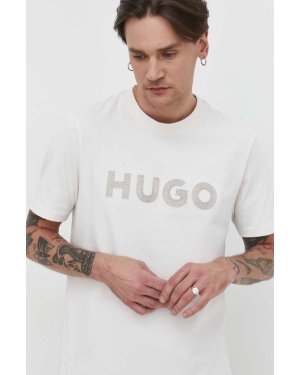 HUGO t-shirt bawełniany męski kolor beżowy z aplikacją