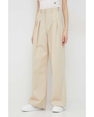 Calvin Klein spodnie bawełniane damskie kolor beżowy szerokie high waist