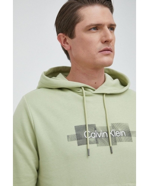 Calvin Klein bluza bawełniana męska kolor zielony z kapturem z aplikacją