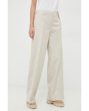 Calvin Klein spodnie lniane kolor beżowy szerokie high waist