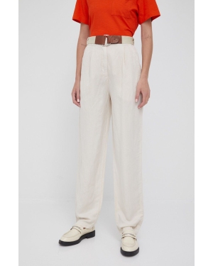 Emporio Armani spodnie z lnem damskie kolor beżowy proste high waist