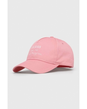 Guess czapka z daszkiem bawełniana kolor różowy z nadrukiem