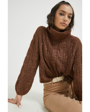 Only sweter z domieszką wełny damski kolor brązowy z golfem