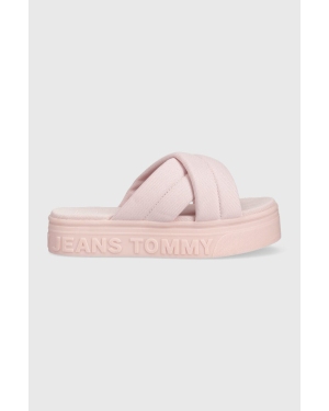 Tommy Jeans klapki damskie kolor różowy na platformie EN0EN02116