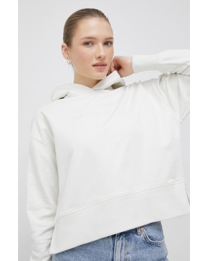 Calvin Klein Jeans bluza bawełniana damska kolor beżowy z kapturem gładka
