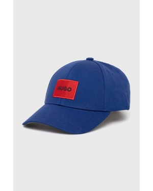 HUGO czapka bawełniana kolor niebieski z aplikacją