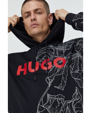 HUGO bluza bawełniana męska kolor czarny z kapturem z nadrukiem